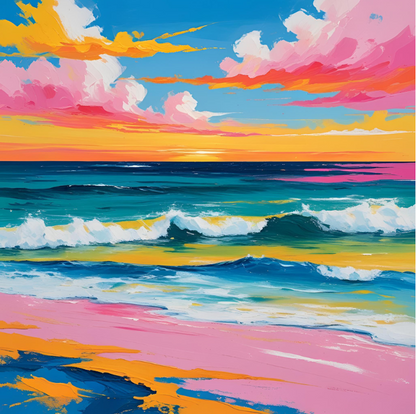 colourful abstract seascape painting rolling waves colourful skies and pink sand giclée  wall art print.