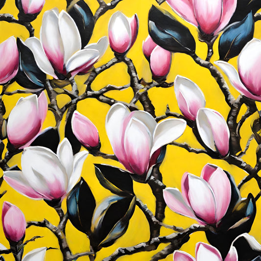 Art print of pink and white flowers on a yellow background