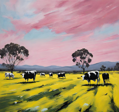 australian landscape art print, grampian mountains, yellow canola fields, gum trees and cows art print.