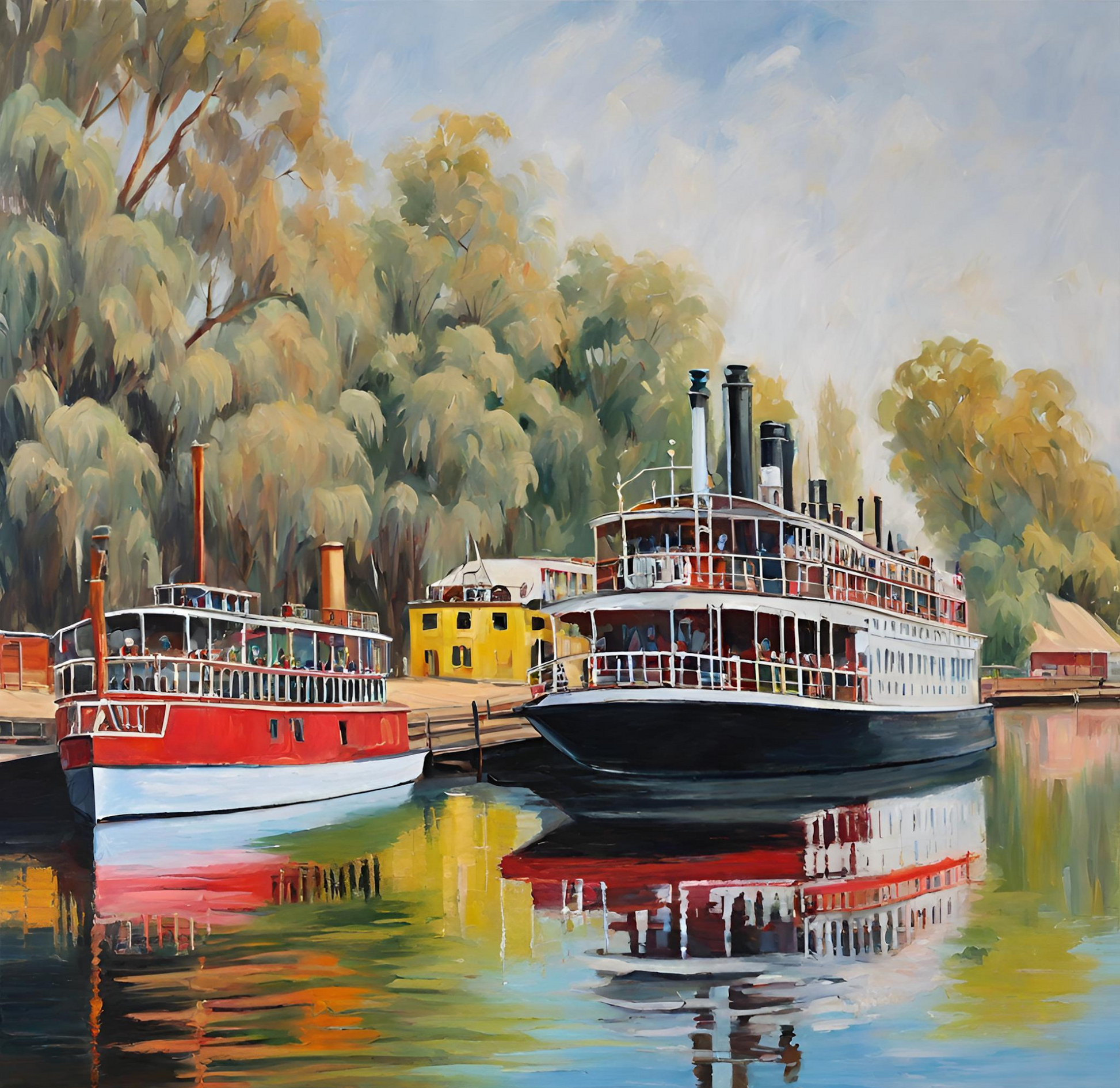 Colourful painting of the Murray river with colourful paddle steamers art print.