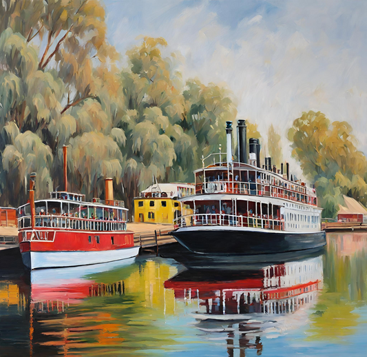 Colourful painting of the Murray river with colourful paddle steamers art print.