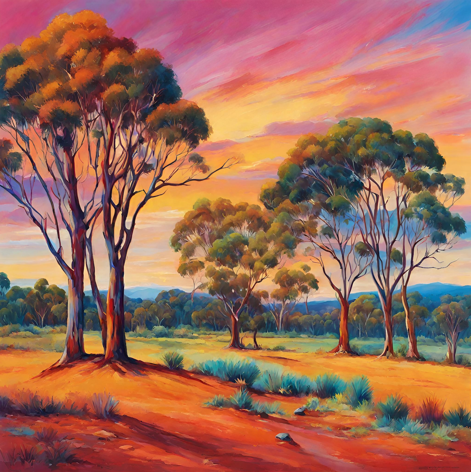 Painting of trees under a vibrant sunset sky Australian landscape.