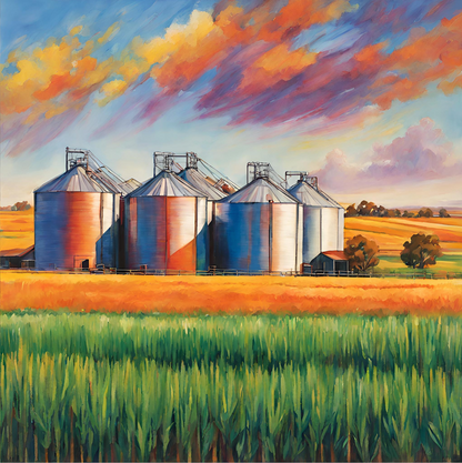 silos in a field with a colourful sky australian landscape Art