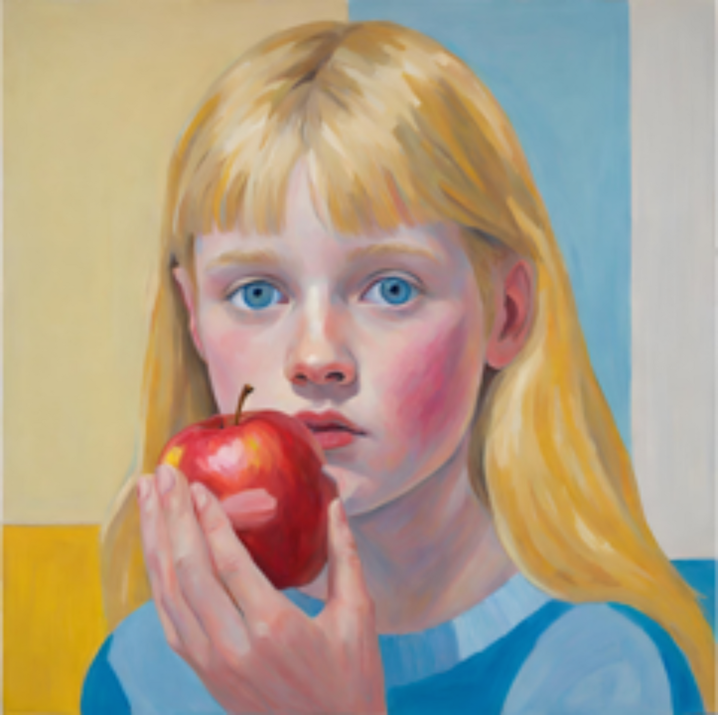Blonde haired blue eyed girl in blue dress eating a red apple, portrait giclée art print by Brush Stroked.