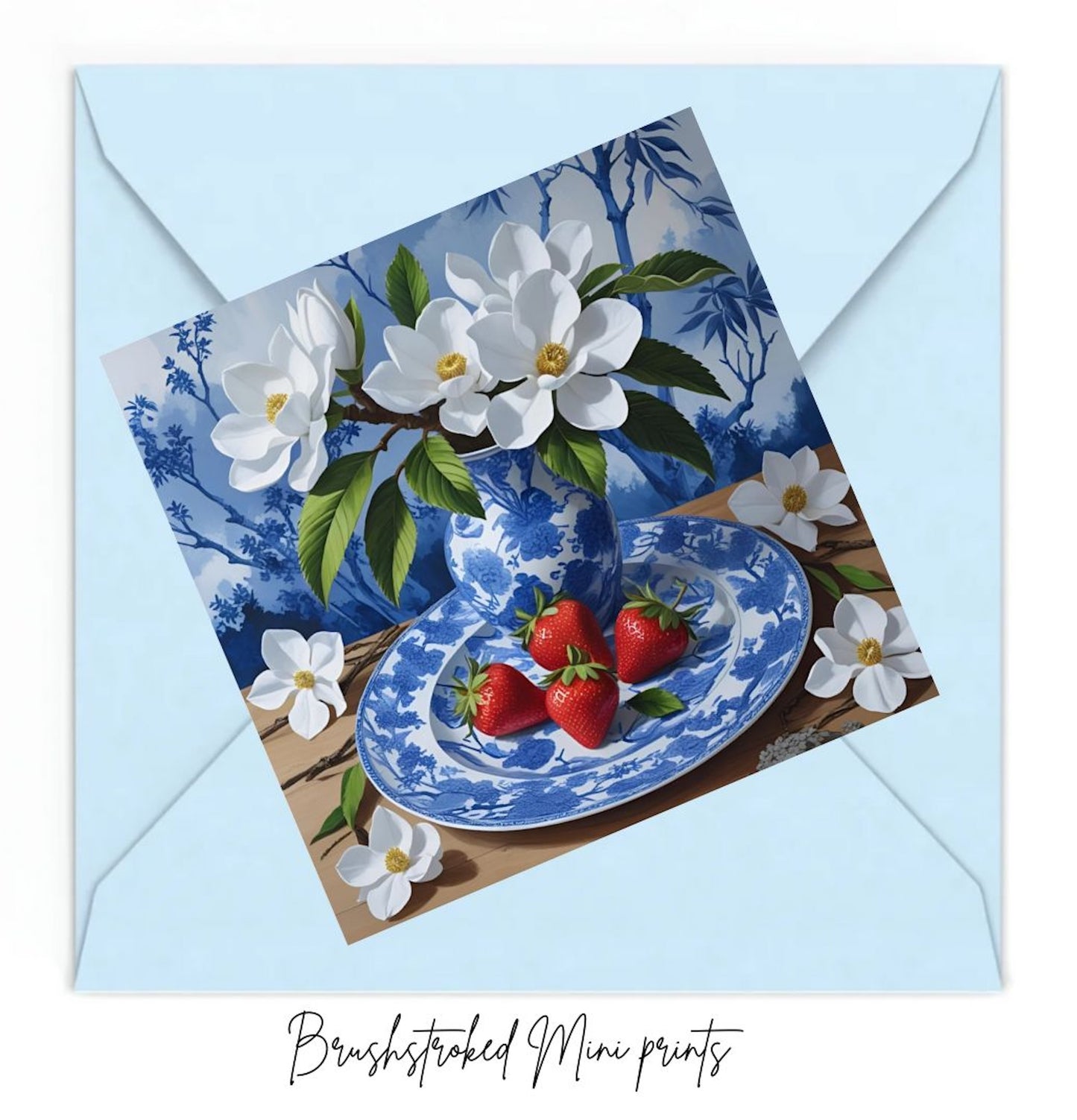 mini art print on blue envelope. WHite magnolias and red strawberries.