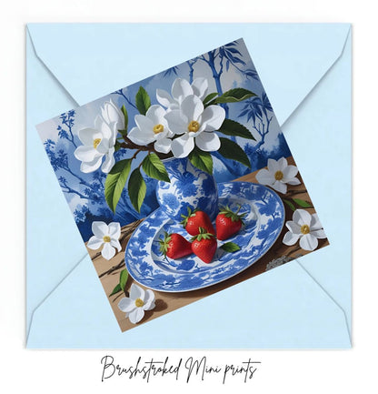 mini art print on blue envelope. WHite magnolias and red strawberries.