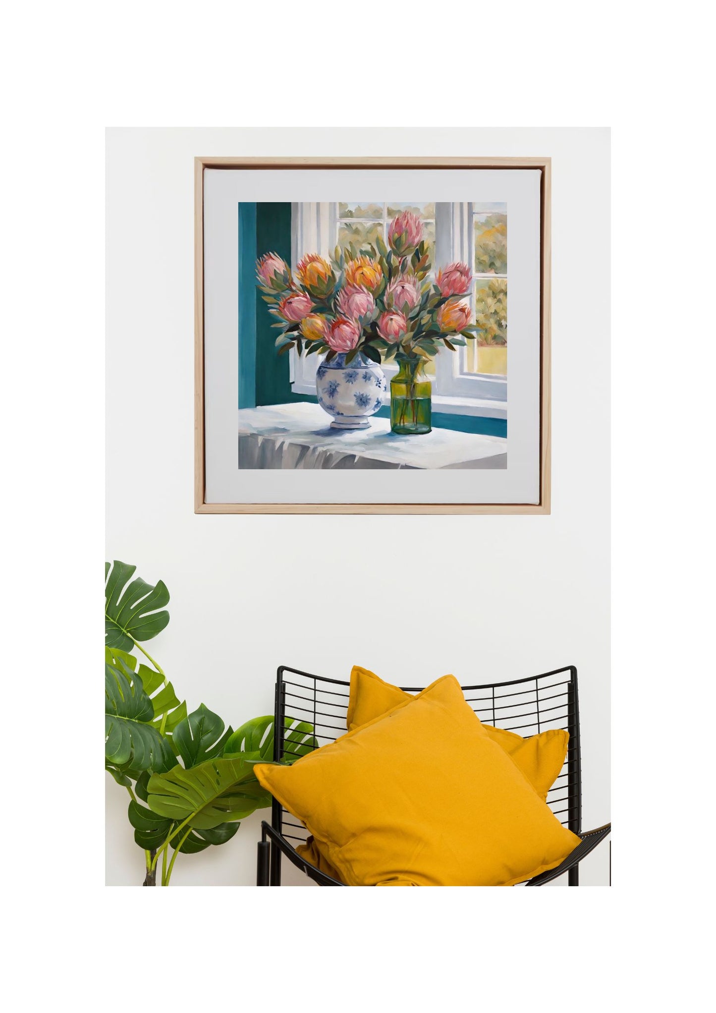 Colourful Proteas In Blue Vase - Original Floral-Still Life -Art- Giclée Print.