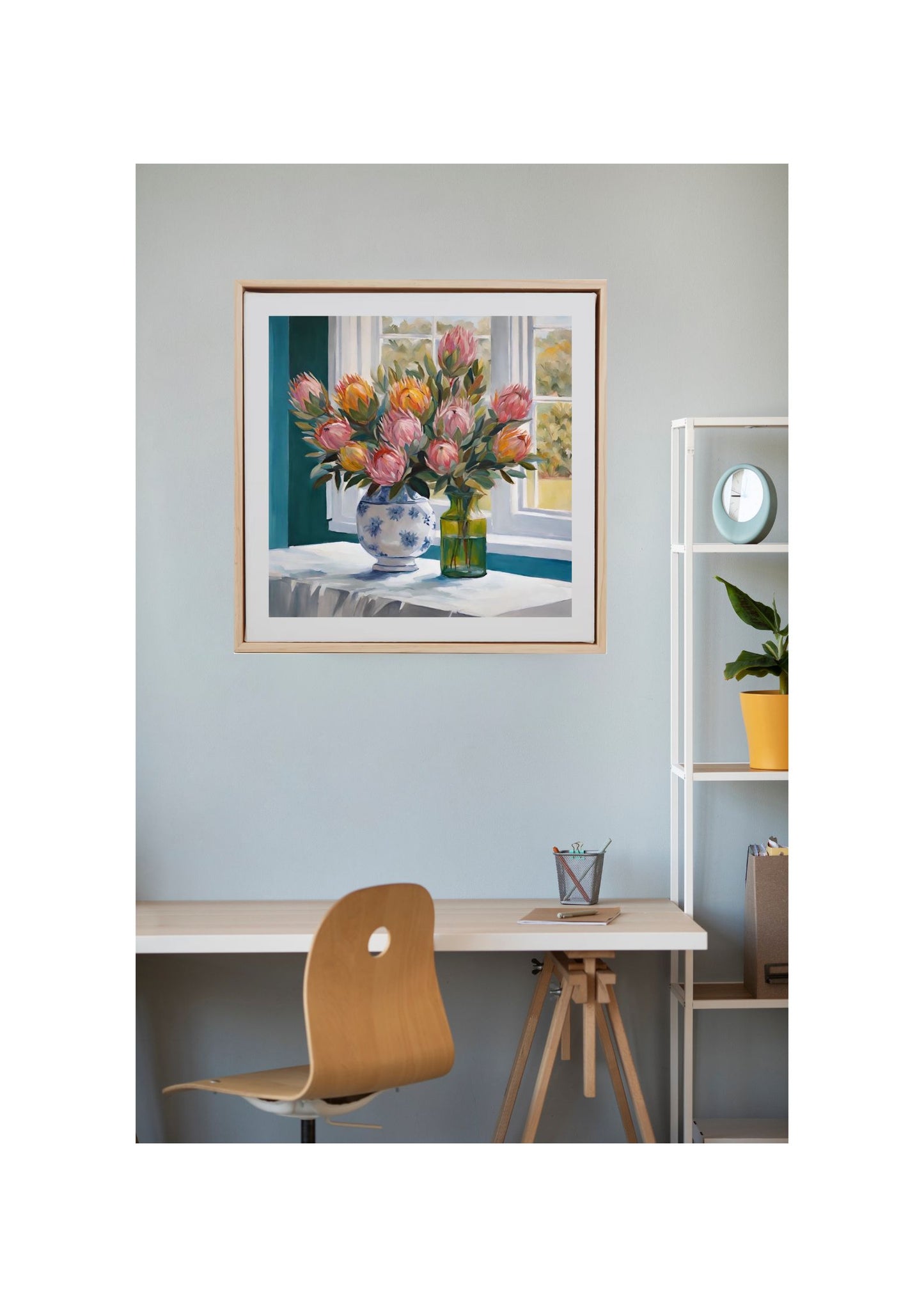 Colourful Proteas In Blue Vase - Original Floral-Still Life -Art- Giclée Print.