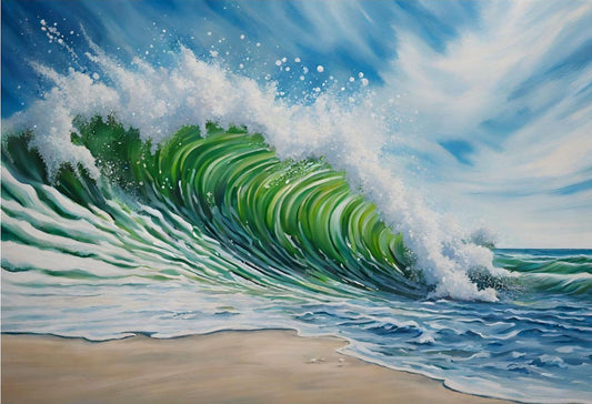 Green, Blue And White Waves - Beach - Blue Skies- Original seascape - Giclée Art Print.