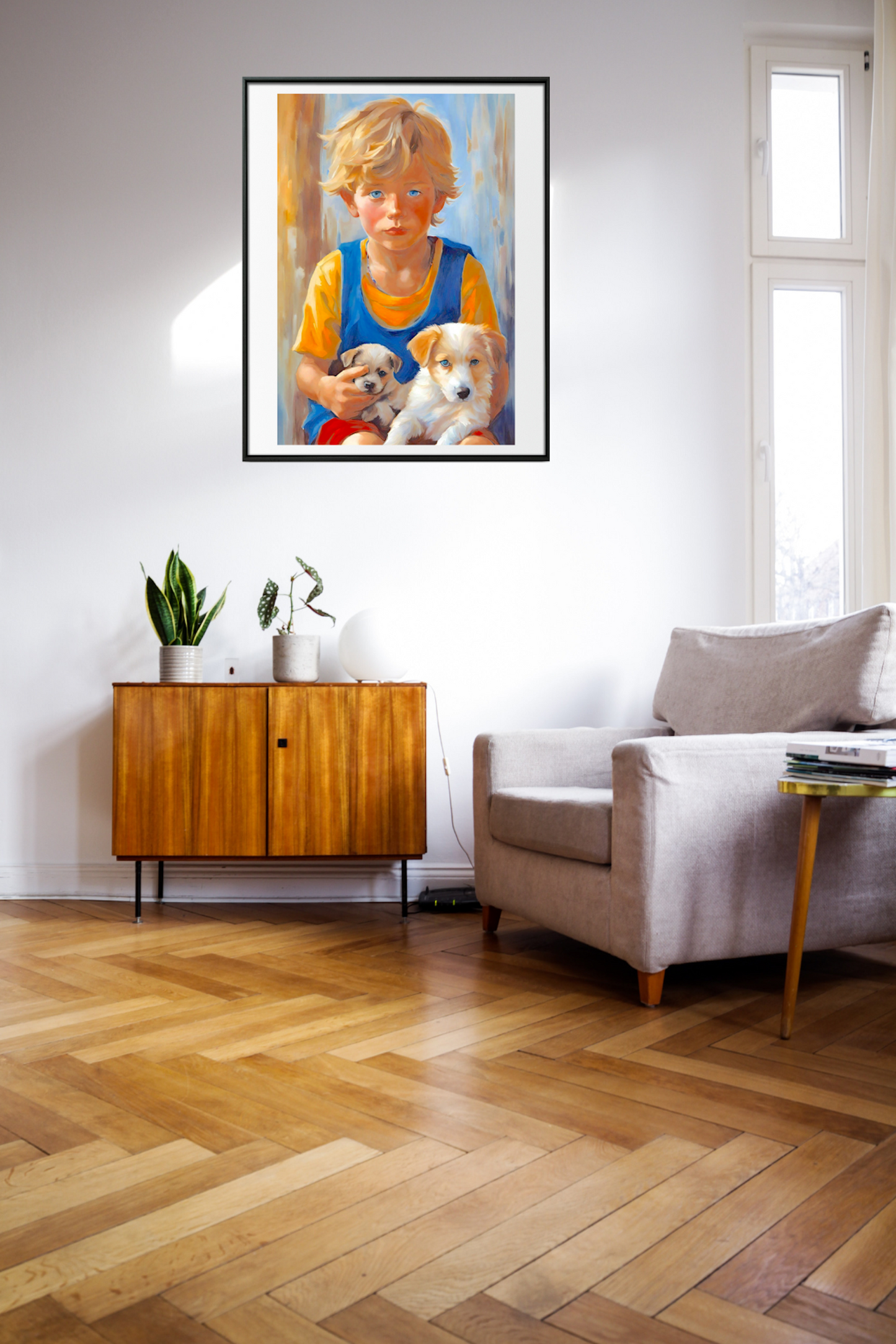 Boy With Puppies-Original Giclée Art Print.