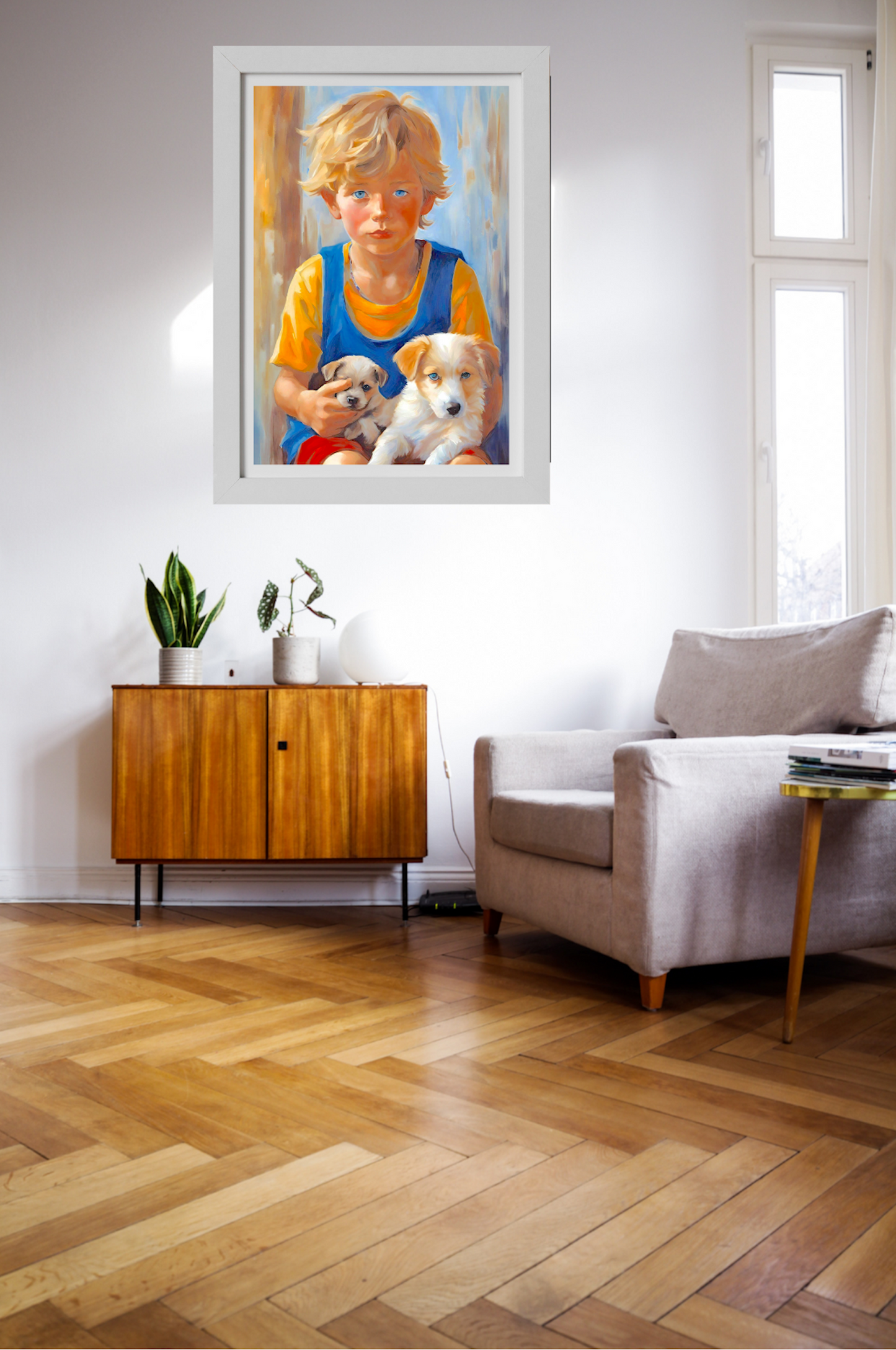 Boy With Puppies-Original Giclée Art Print.