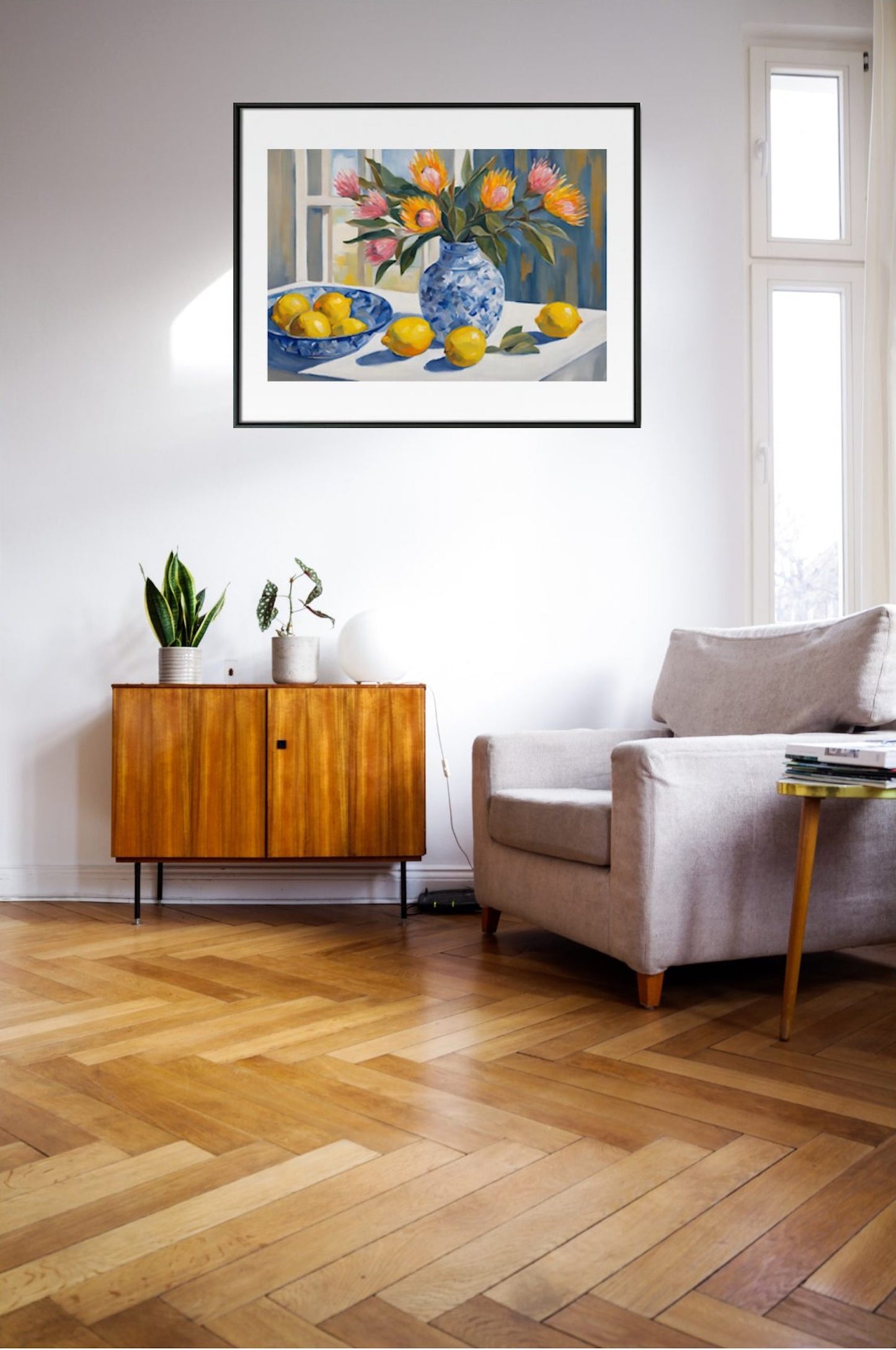 Pink Proteas And Lemons In Blue And White Vase - Original-Still Life Giclée Art Print.