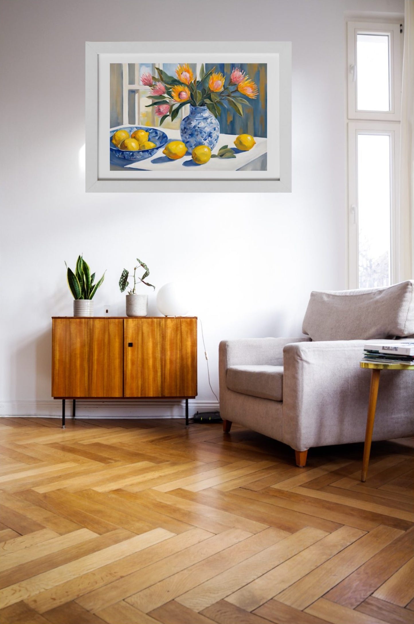 Pink Proteas And Lemons In Blue And White Vase - Original-Still Life Giclée Art Print.