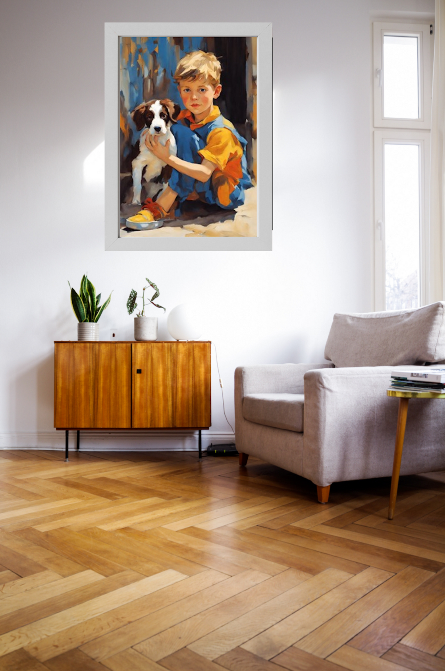 Boy With Puppy-Original Giclée  Art Print.