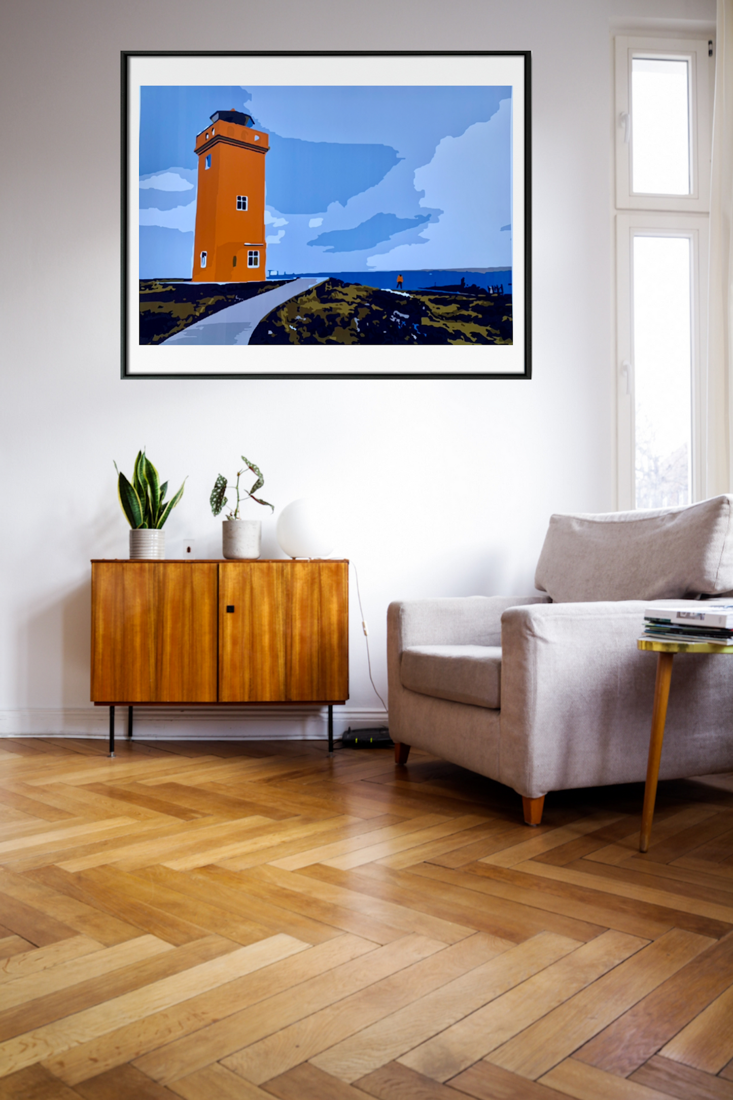 Orange Lighthouse, Cliffs And Seascape - Original Giclée Art Print.