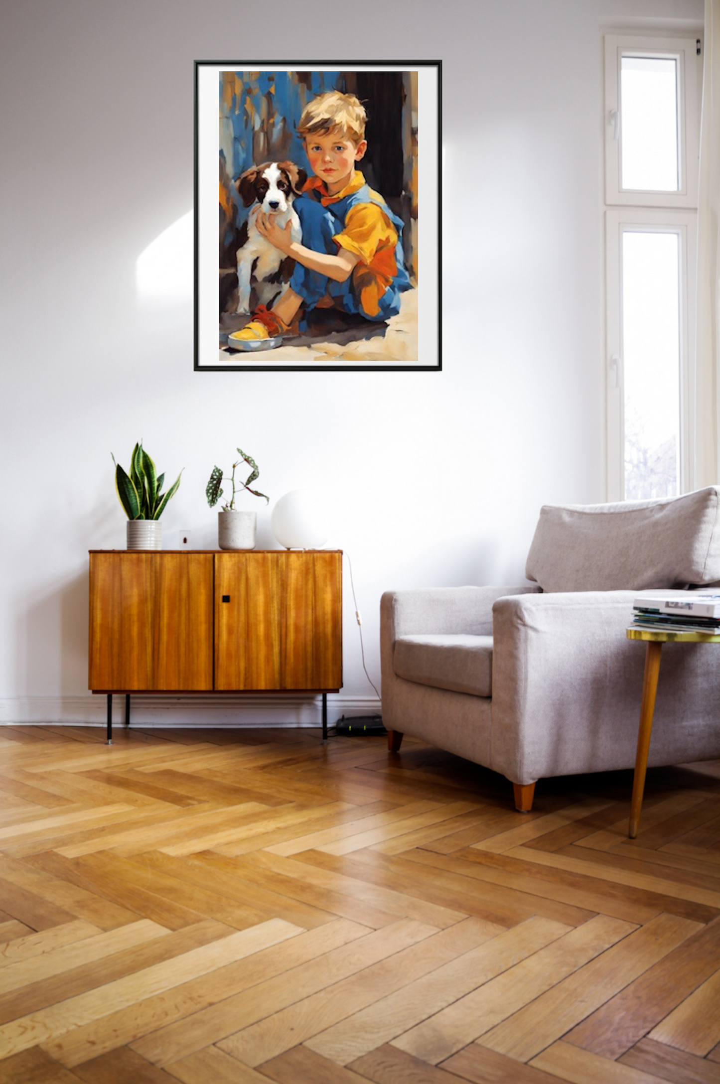 Boy With Puppy-Original Giclée  Art Print.