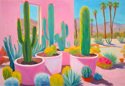 Colorful cactus painting of dessert  with pink walls and palm trees in the background
