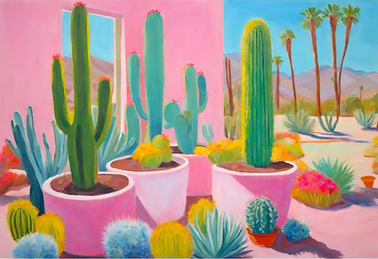 Colorful cactus painting of dessert  with pink walls and palm trees in the background