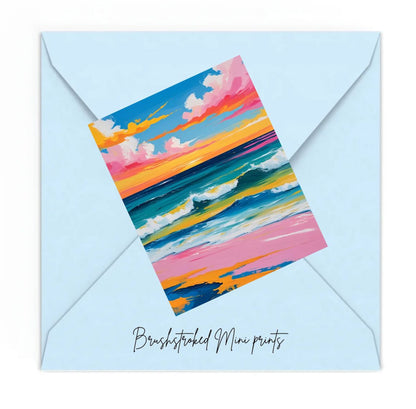 mini colourful seascape art print on blue envelope.