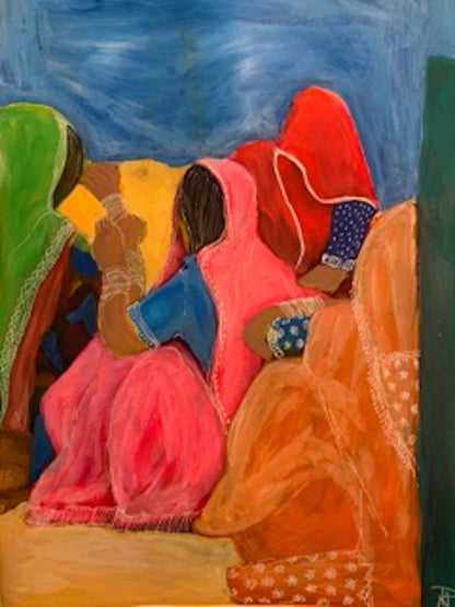 indian women in colourful sarees huddled together art print.