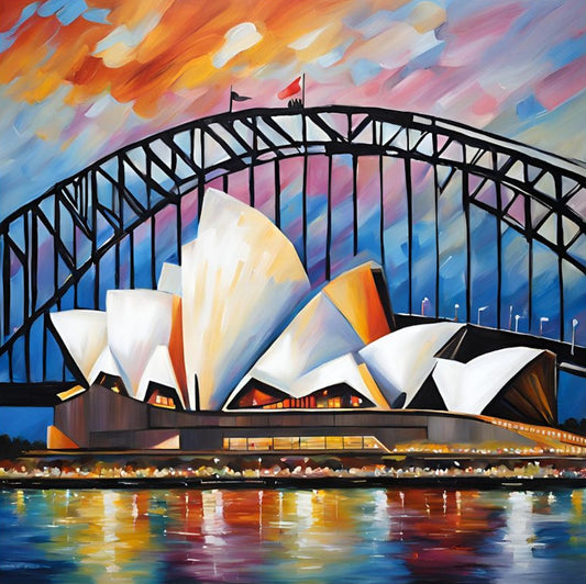 colourful sydney harbour bridge and opera house at dusk painting with light reflections in the water and colourful sky