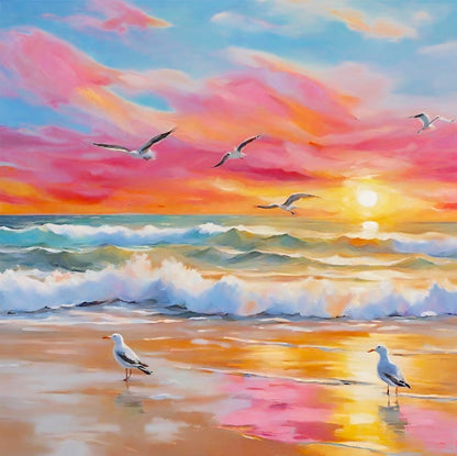 Painting of seagulls on a beach with a colorful sunset sky.