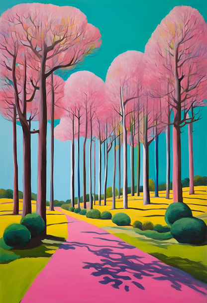 colourful landscape pink trees green bushes pink path yellow canola fields and blue skies art work