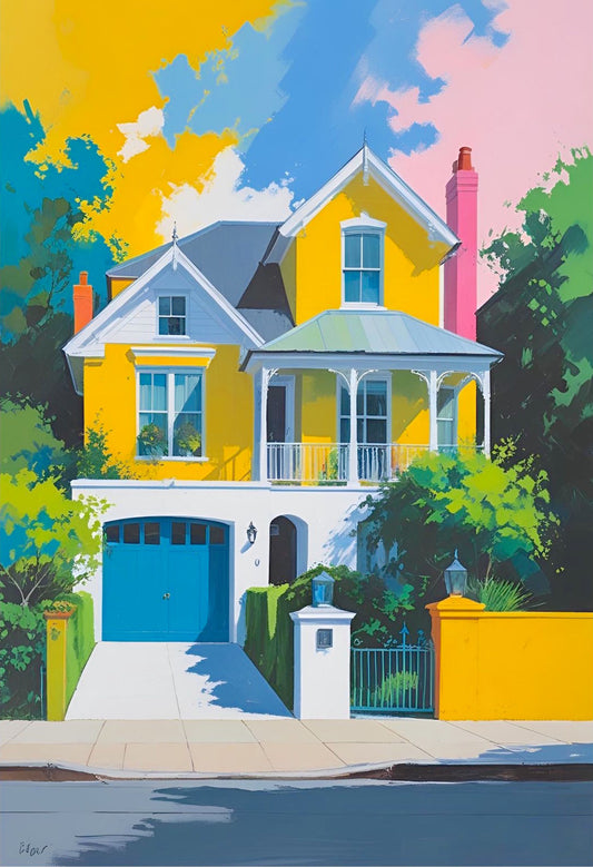 Colorful painting of a house with a blue door and yellow walls.