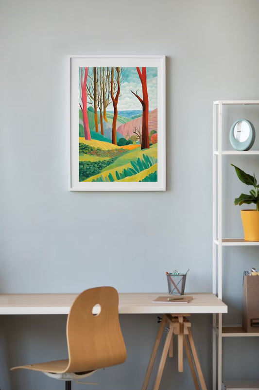 david hockney style whimsical colourful landscape with trees and hills and flowers art print framed in white hanging on wall above a table
