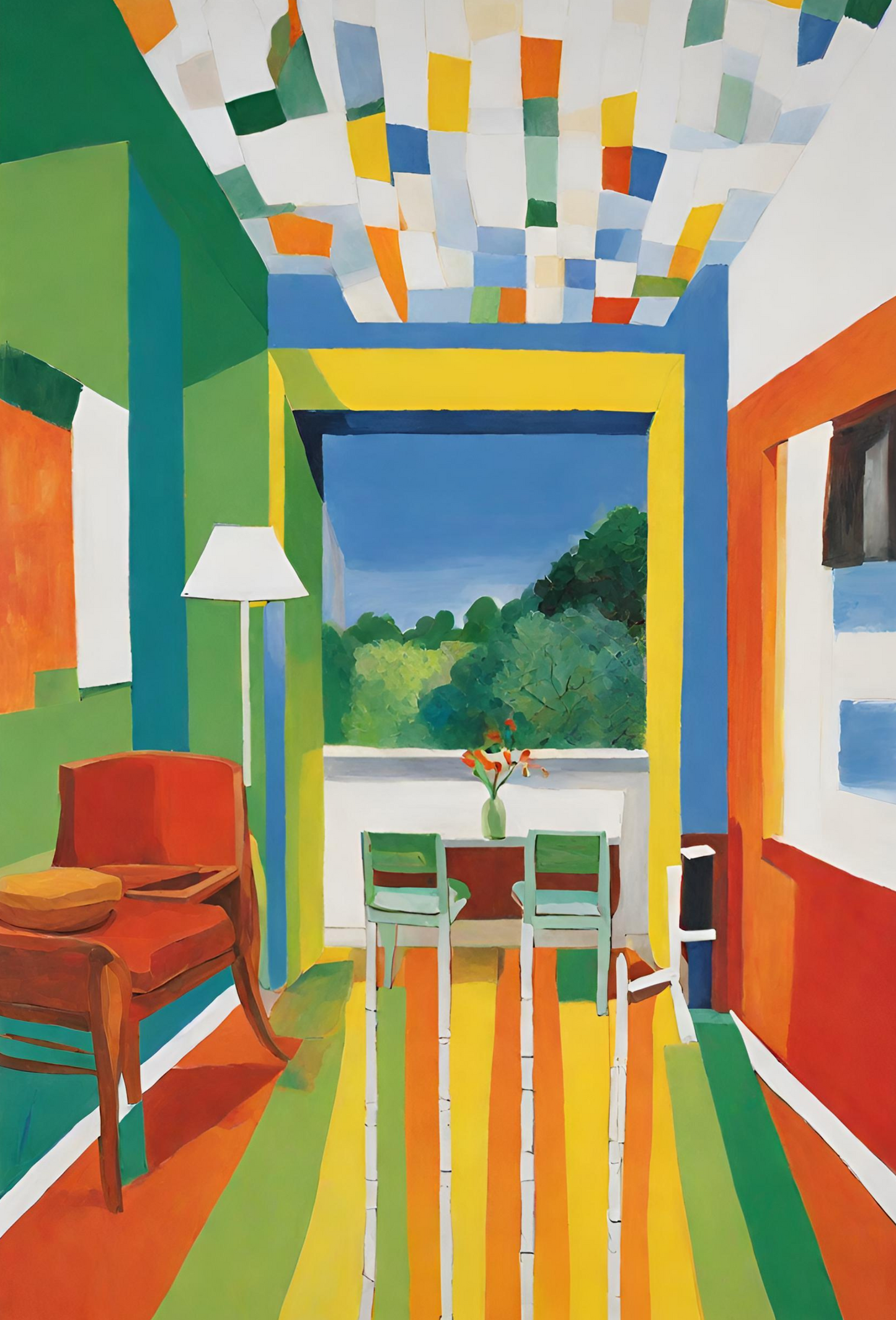 Colorful room interior with geometric patterns and a view of greenery outside art print
