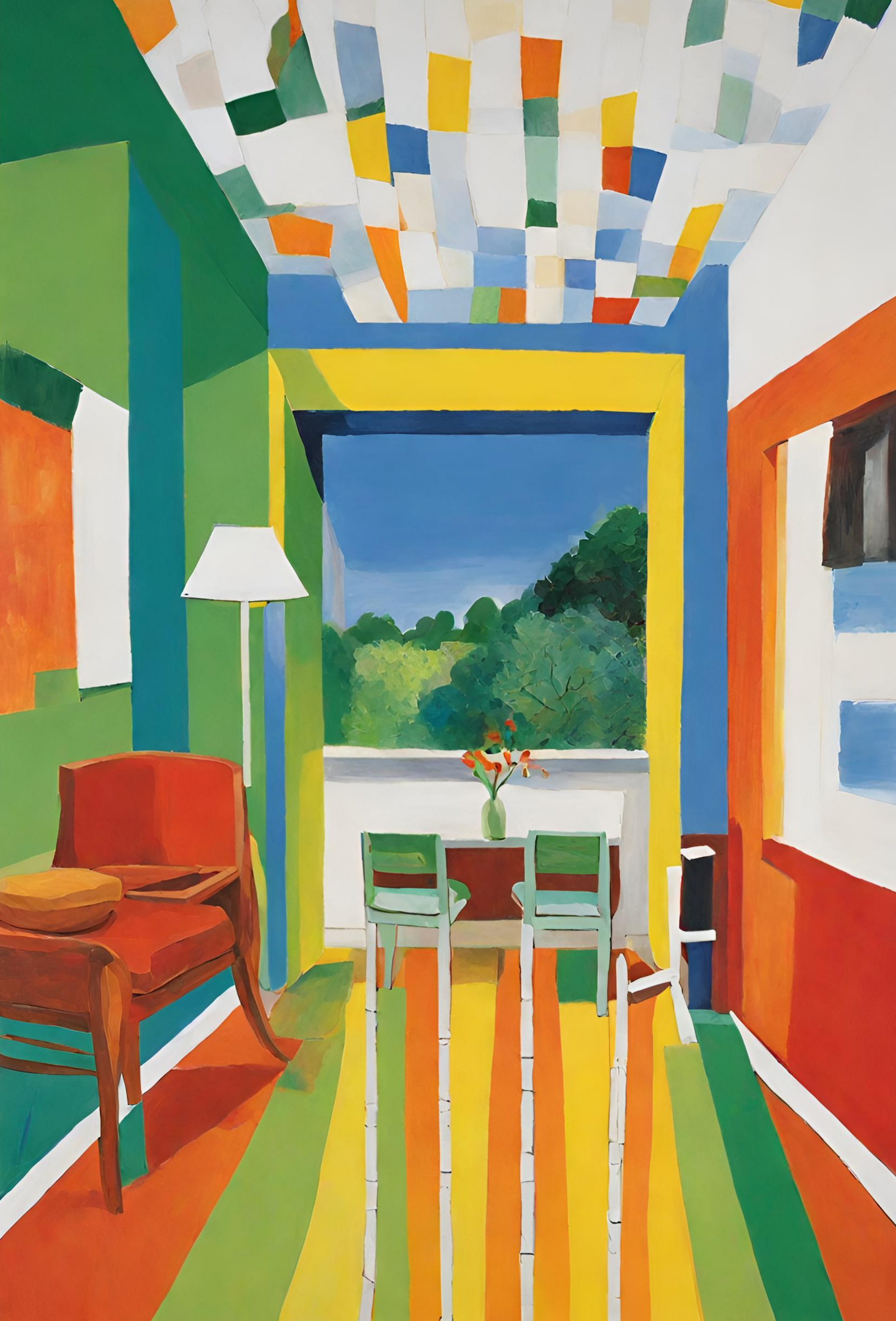 Colorful room interior with geometric patterns and a view of greenery outside art print