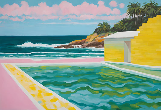 Colorful painting of a pool by the ocean with a yellow building and palm trees.