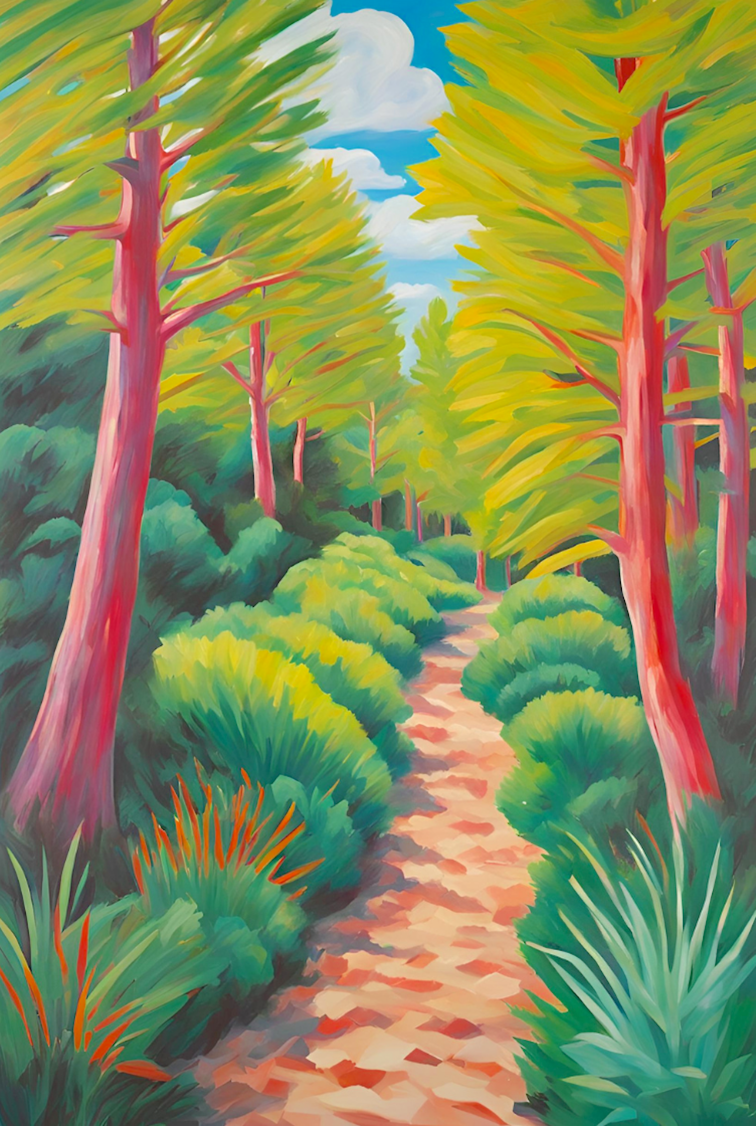 Colourul  abstract painting of a forest path with tall trees and green undergrowth.