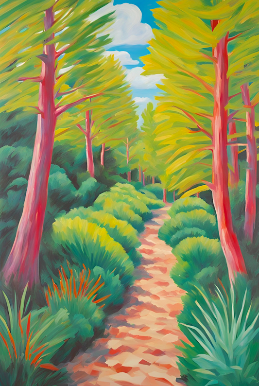 Colourul  abstract painting of a forest path with tall trees and green undergrowth.