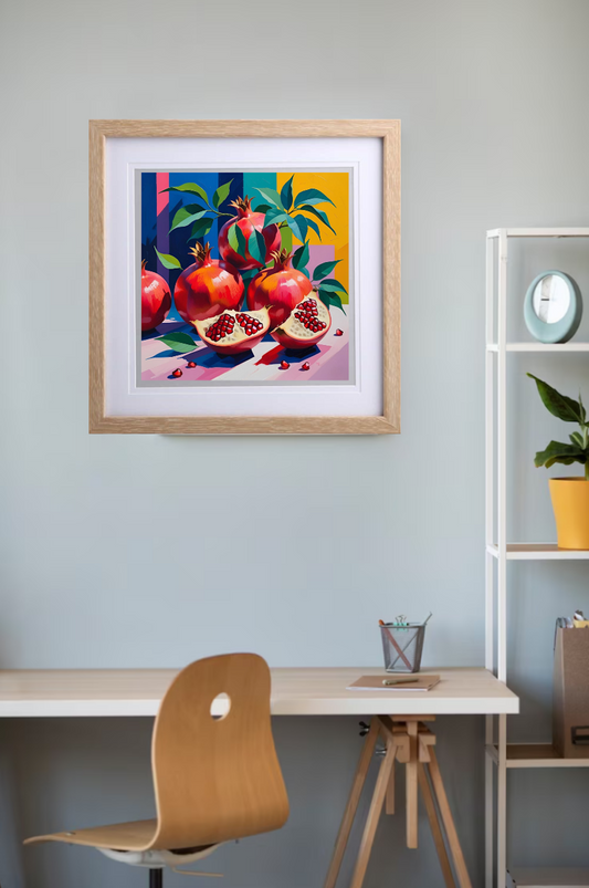 Framed artwork of pomegranates on a wall above a desk with a chair.