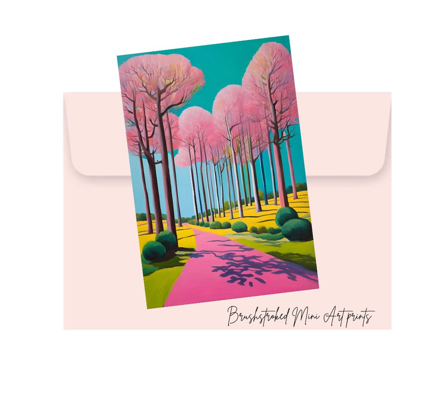 colourful landscape pink trees pink path hocney style mini art print on top of Pink envelope