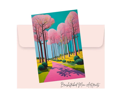 colourful landscape pink trees pink path hocney style mini art print on top of Pink envelope