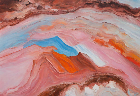 Abstract Australian landscape painting with swirling colours of pink, orange, and blue, white and Brown