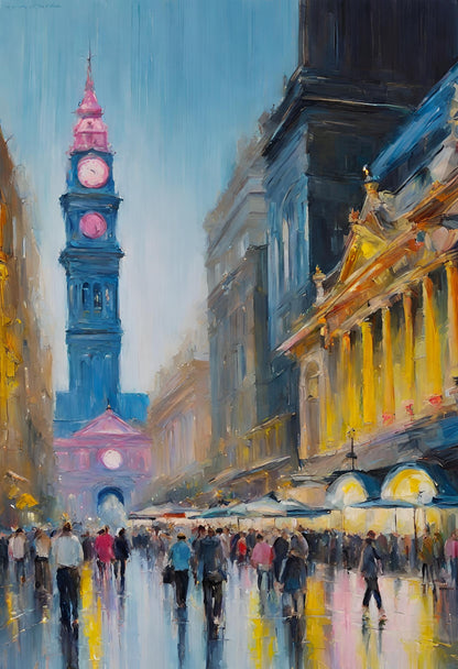 colourful painting of flinders street melbourne australia rain people 
