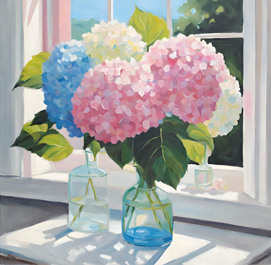 Hydrangeas In Glass Vase On Table.Original Still Life- Floral Art-Giclée Print.