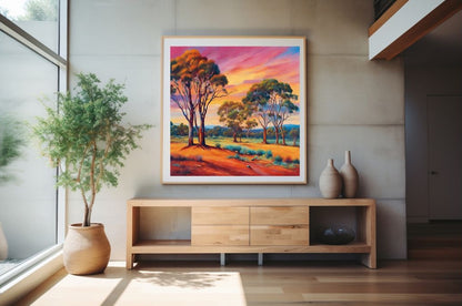 Australian colourful sunset landscape art with gum trees.