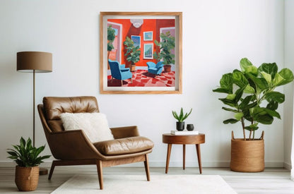Living room with a brown leather chair, side table, framed abstract colourful room scene art print on wall and potted plants.