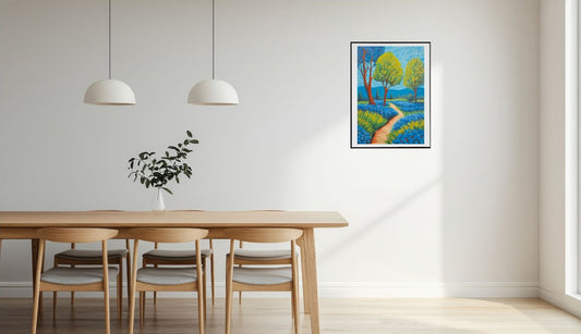 Dining room with a wooden table and chairs, and a colorful abstract landscape painting on the wall.