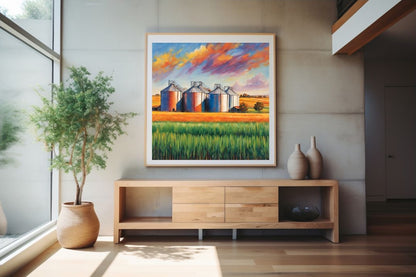 Colorful painting of silos on a wall above a wooden cabinet with decorative vases.