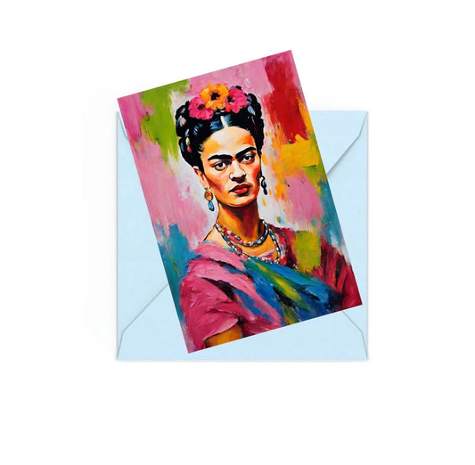 frida khalo mini art print on top of a blue envelope