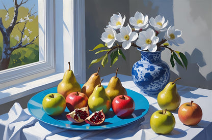 Still life art with pears, apples, and a vase of White Magnolia flowers on a table near a window.