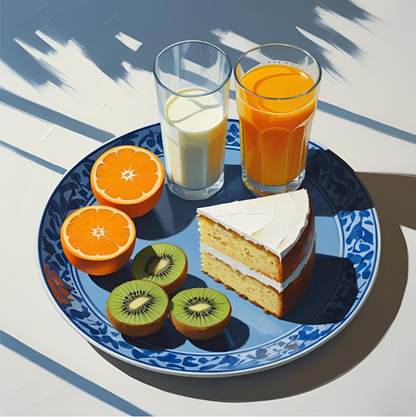 Oranges, kiwi fruit, glass of milk, glass of orange juice on Blue And White Plate kitchen, dining room  wall art