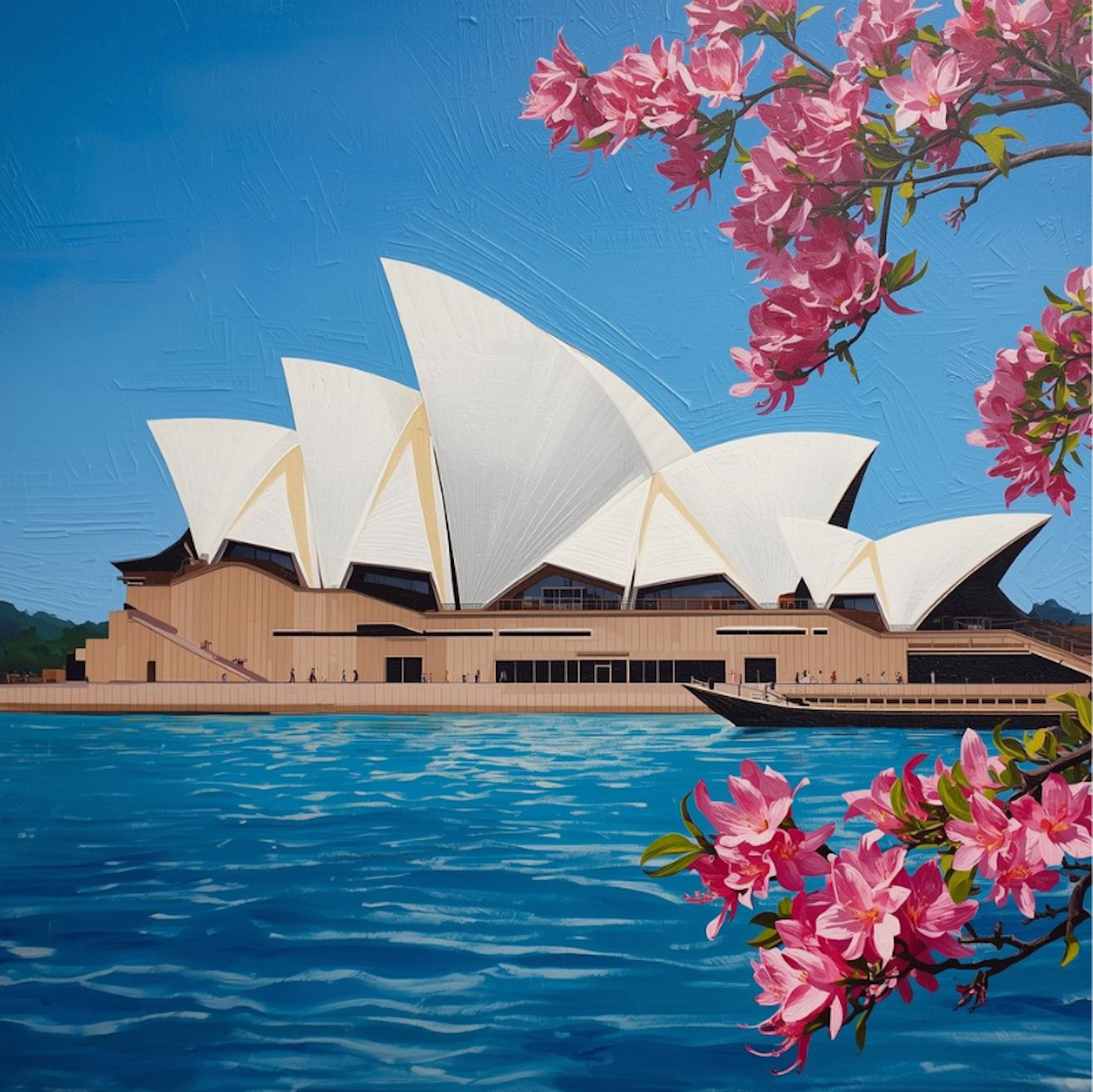 Giclée art print of the Sydney Opera House with jacaranda blossoms and blue harbour waters, by Melbourne artist Nilanji