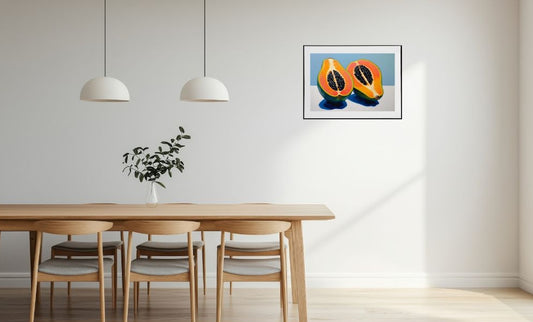 Giclee Wall Art Print Of A Cut Papaya Fruit.