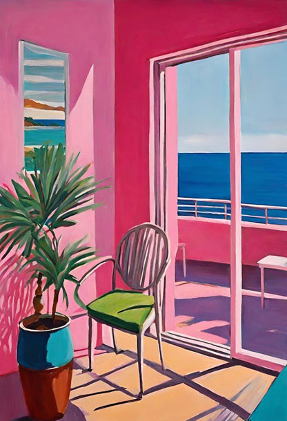 Colorful interior scene with a chair, plant, and view of water through a window art print hockney style